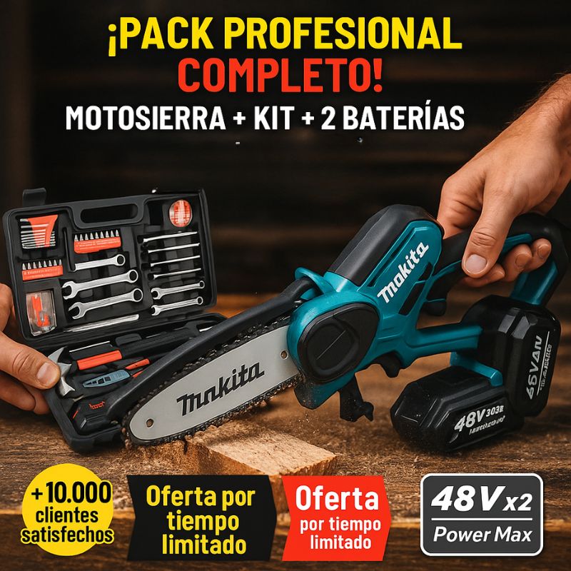 MOTOSIERRA INALAMBRICA MAKITA + 2 BATERIAS 48V + KIT CAJA DE HERRAMIENTAS 108PCS DE REGALO