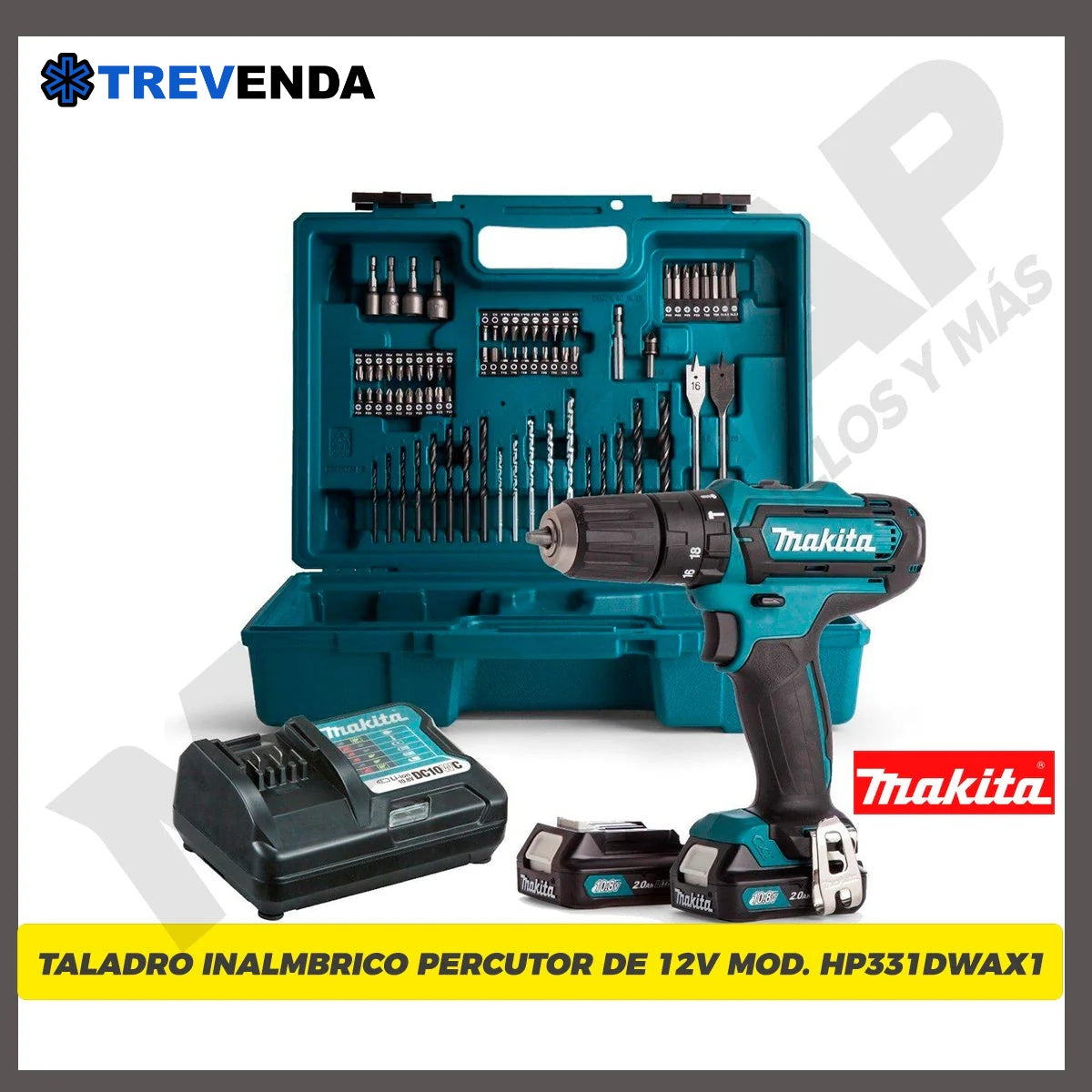KIT MAKITA ORIGINAL: TALADRO INALÁMBRICO con PISTOLA DE IMPACTO + 26 ACCESORIOS + 2 BATERIAS
