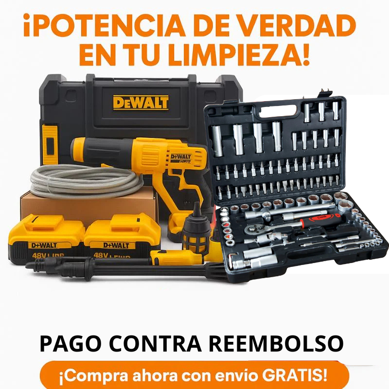 KIT DEWALT ORIGINAL: HIDROLAVADORA PORTATIL + 2 BATERIAS 48V + KIT CAJA DE HERRAMIENTAS 108PCS DE REGALO